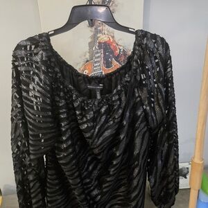 White House Black Market Black Sheer Textured Long-Sleeve Top